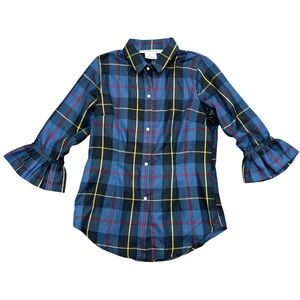 Gretchen Scott Top Womens Sz S Small Blue Plaid Blouse Ruffle Sleeve